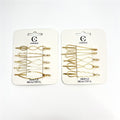 Gold-tone metal hair clips; Geometric shapes including loops and zigzags; Packaged on white backing cards; Each card printed with the brand name "CONNICE" and text "SIMPLE BEAUTIFUL";