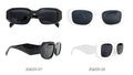 white geometric angular frame; dark tinted rectangular lenses; plastic material; bold thick arms with geometric shape;
