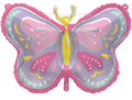 butterfly shape; pink and purple colours; yellow body; foil material; twine attached;