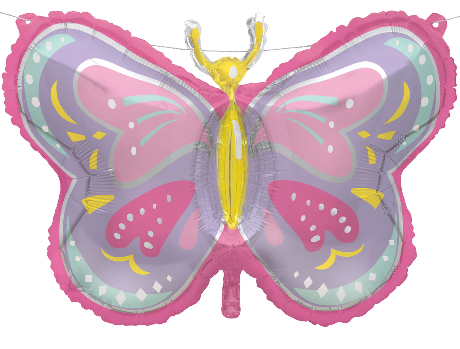 butterfly shape; pink and purple colours; yellow body; foil material; twine attached;