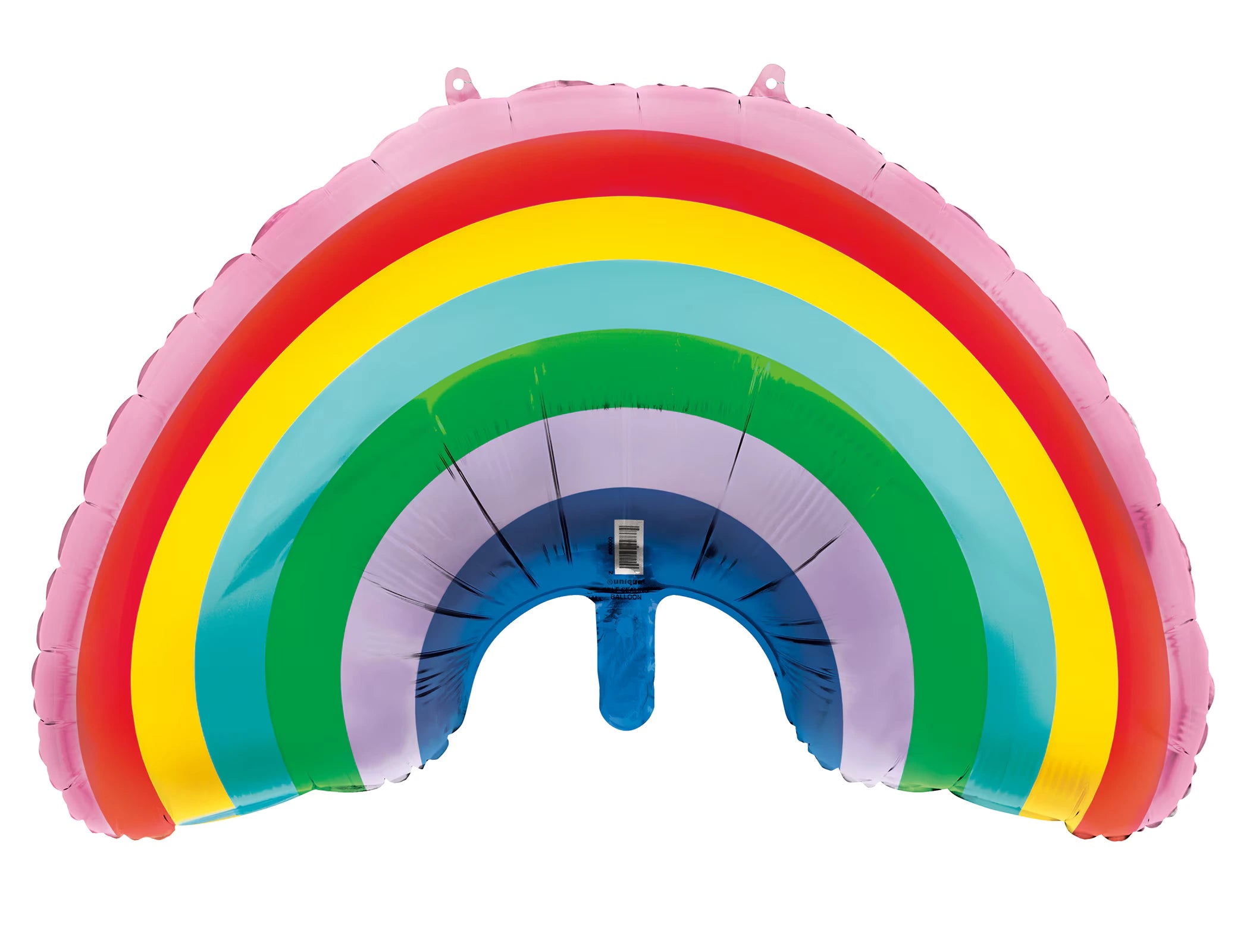 Rainbow design with multiple colours; Foil material with shiny finish; Arched rainbow shape; Two hang tabs at the top for hanging;