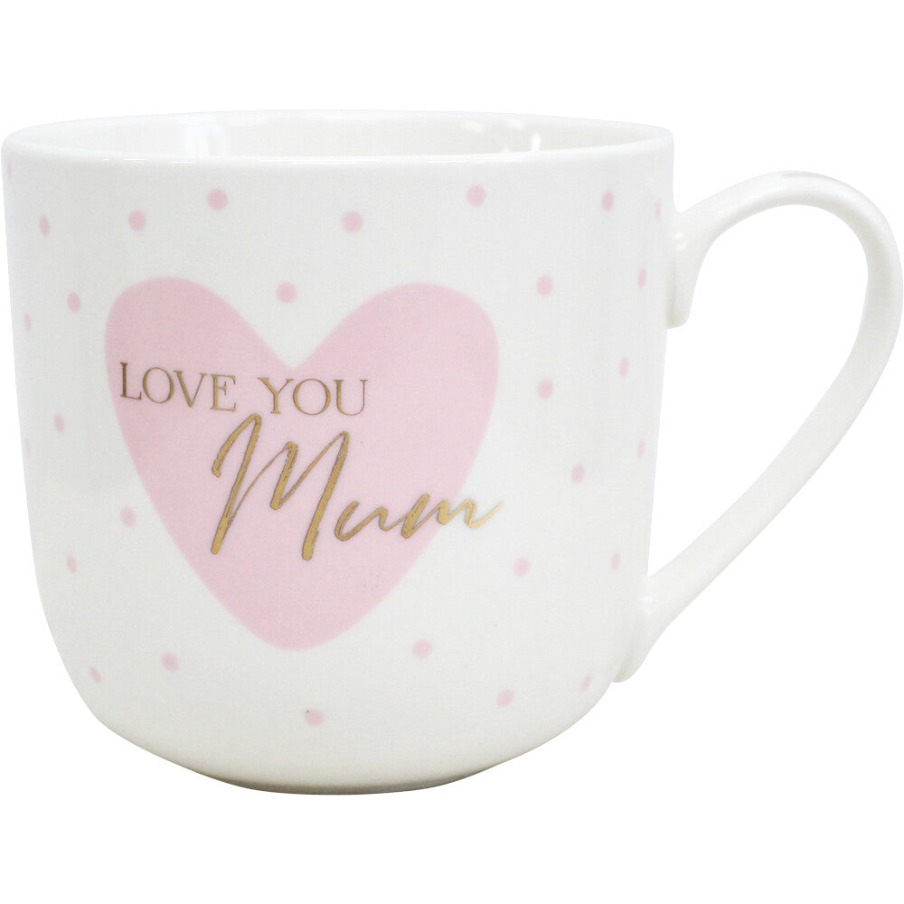 white ceramic mug; pink heart motif; gold cursive text; pink polka dots; classic handle shape;