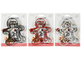 three cookie cutters in gingerbread man shape; packaged set of 3 cutters; metal cutter construction; white, red and black colour variants shown on packaging;