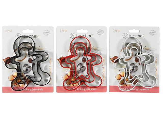 three cookie cutters in gingerbread man shape; packaged set of 3 cutters; metal cutter construction; white, red and black colour variants shown on packaging;