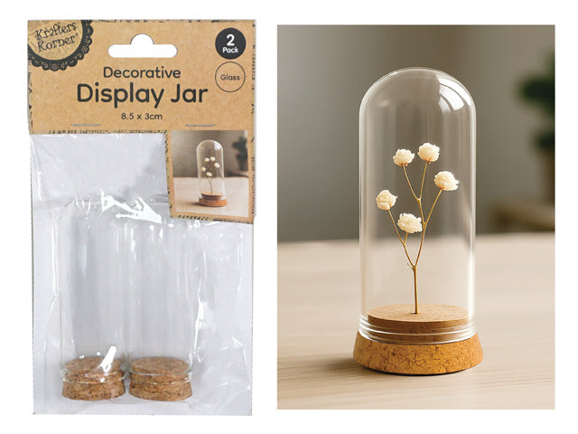 clear glass dome; natural cork base; compact size approximately 8.5cm tall; pack of two jars in packaging;