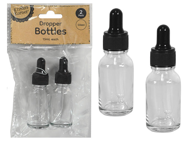 Clear glass bottles; Black rubber dropper tops; 15ml capacity; Pack of two; Plastic hanging card packaging;