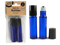 cobalt blue glass bottles; black screw-on caps; metal roller ball applicator; pack of two bottles in clear plastic packaging;