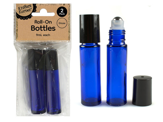 cobalt blue glass bottles; black screw-on caps; metal roller ball applicator; pack of two bottles in clear plastic packaging;
