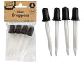 4 glass droppers with black rubber bulbs; clear glass tubes; packaged in a plastic bag with cardboard header; header shows product name and pack size;