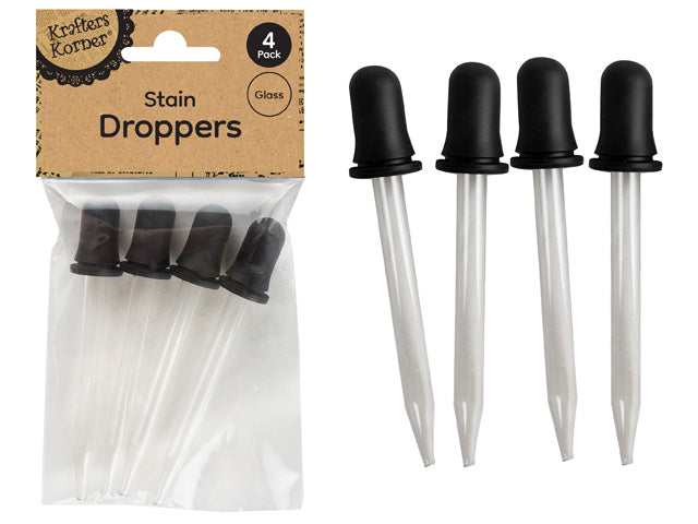 4 glass droppers with black rubber bulbs; clear glass tubes; packaged in a plastic bag with cardboard header; header shows product name and pack size;
