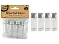 clear glass tubes; silver metal screw caps; pack of 4; compact size; plastic retail packaging;