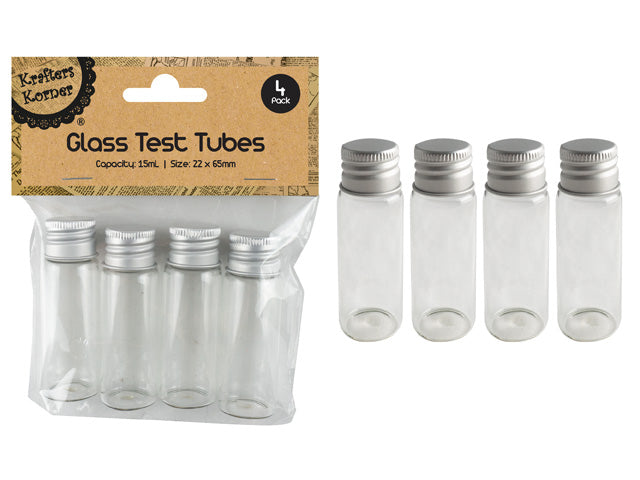 clear glass tubes; silver metal screw caps; pack of 4; compact size; plastic retail packaging;