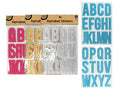 glitter finish on letters; uppercase alphabet letters; packaged in clear plastic with cardboard header; available in pink, gold, silver and blue colours;