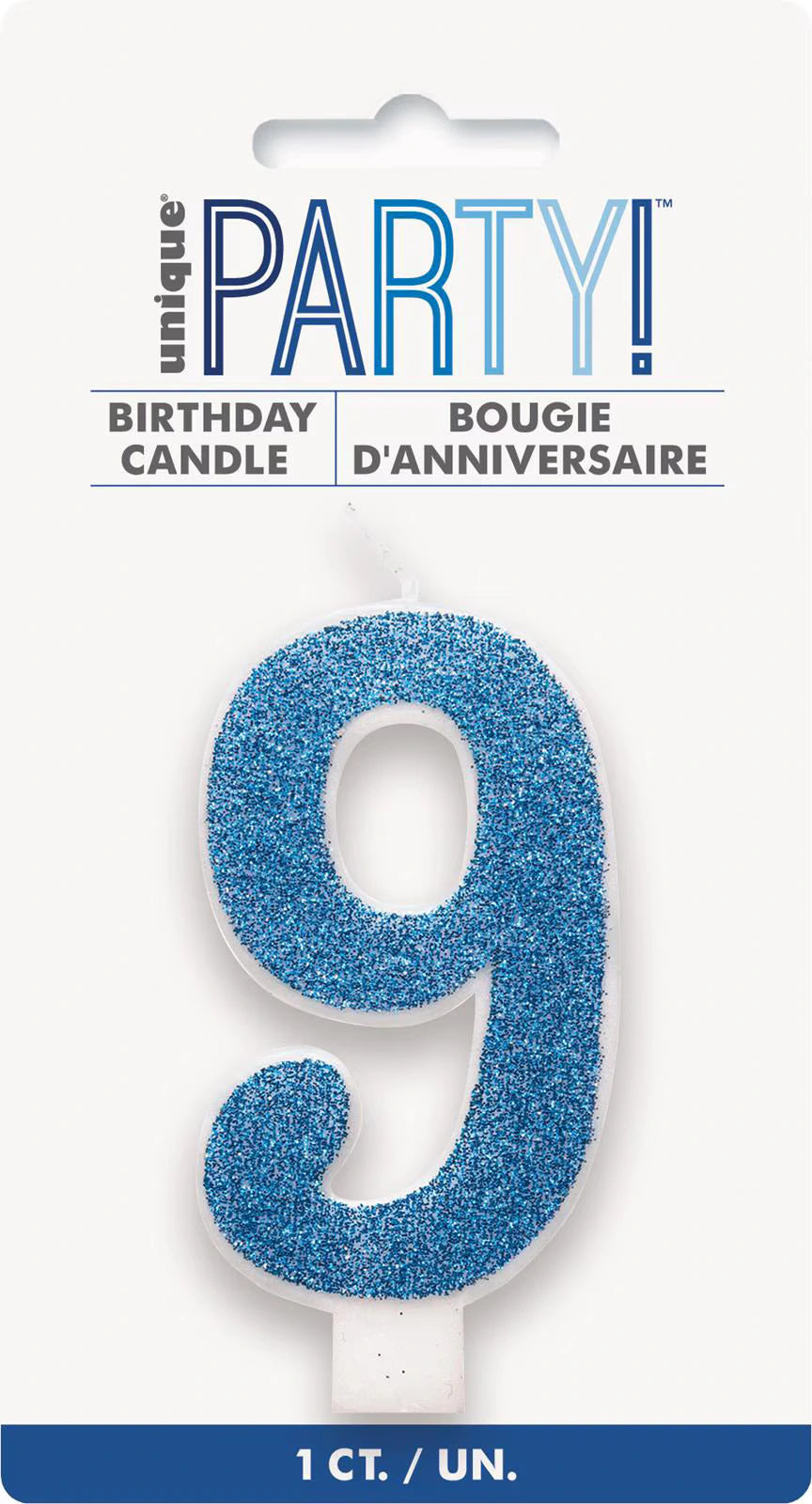 royal blue glitter covering; number 9 shaped candle; white candle base; packaged on white card with blue band; 8cm height indicated;