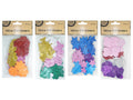 glitter foam stickers; various shapes including stars, hearts, flowers; assorted bright colours; packaged in clear plastic with cardboard header; pack contains 66 stickers;