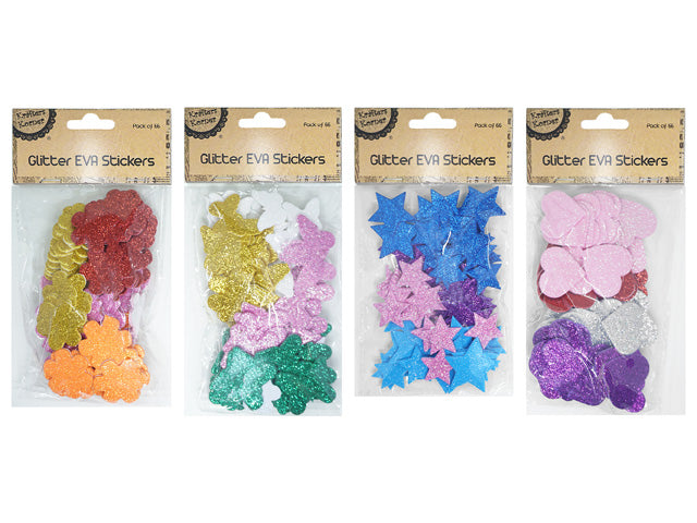 glitter foam stickers; various shapes including stars, hearts, flowers; assorted bright colours; packaged in clear plastic with cardboard header; pack contains 66 stickers;