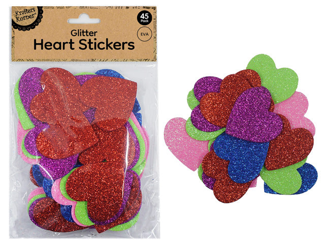 Glitter foam heart shapes; Assorted colours: red, purple, blue, green, pink; Self-adhesive backing; Packaged in clear plastic bag with cardboard header;