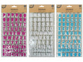 glitter foam material; alphabet and numbers included; three visible colours: pink, white, blue; packaged in sets of two sheets; letters shaped in uppercase;