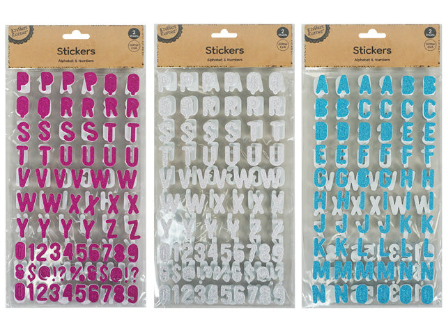 glitter foam material; alphabet and numbers included; three visible colours: pink, white, blue; packaged in sets of two sheets; letters shaped in uppercase;
