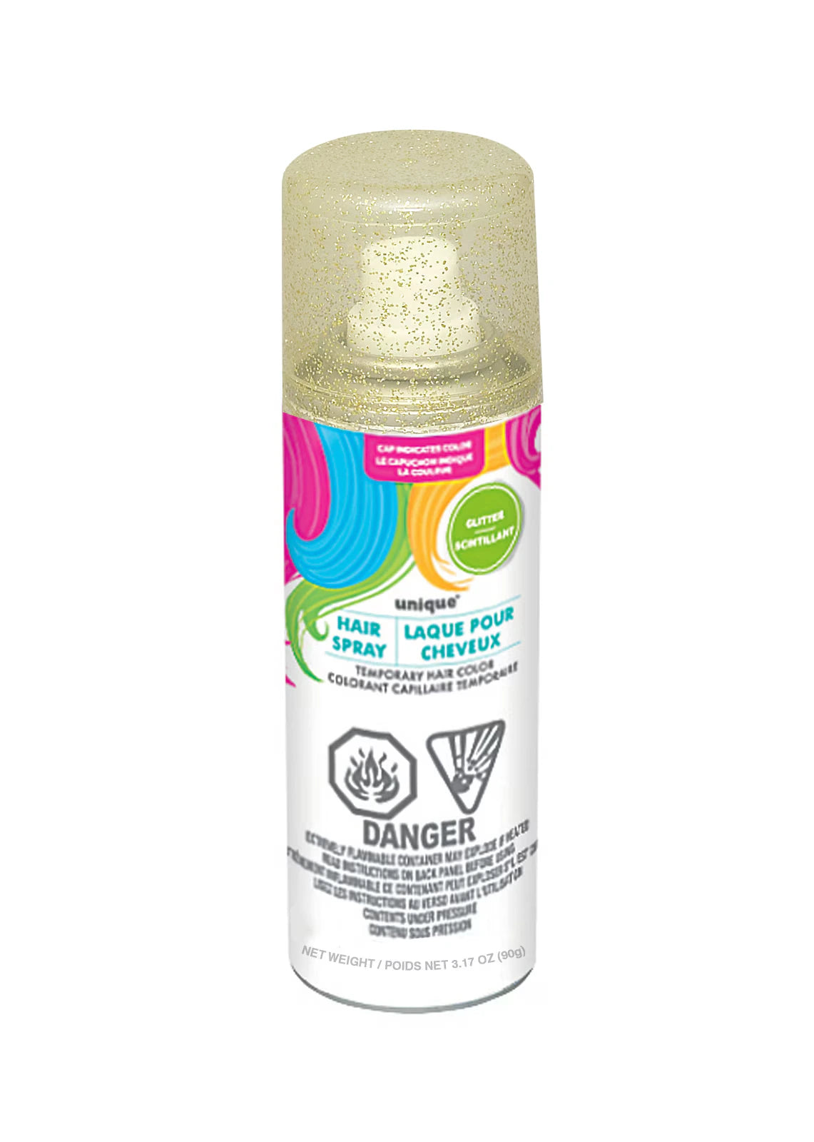 Gold glitter spray in a white can; Clear plastic cap with gold glitter; Colourful label with blue, pink, green, orange swirls; Warning icons and text on can; Net weight 90g indicated;