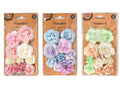 pack of 12 paper flowers; glitter finish on petals; assorted pastel colours: pink, blue, green, cream; various flower sizes; packaging with cardboard backing;
