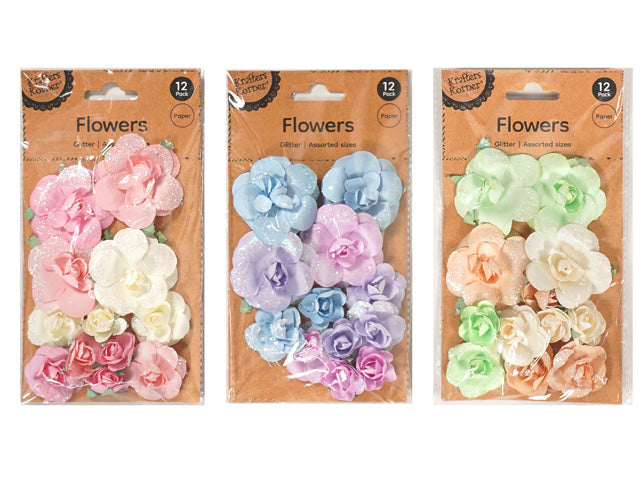 pack of 12 paper flowers; glitter finish on petals; assorted pastel colours: pink, blue, green, cream; various flower sizes; packaging with cardboard backing;