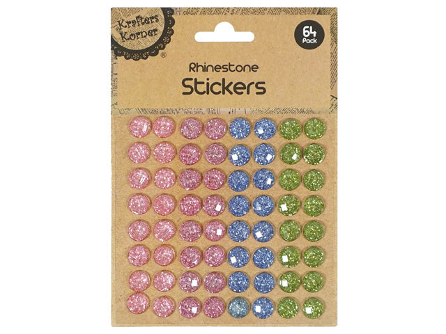 glitter rhinestone stickers; 64 pieces on card; pink, blue, green colours; round shape; self-adhesive on backing card;