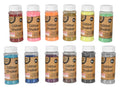 12 plastic bottles with brown kraft paper labels; Various glitter colours including red, pink, orange, gold, yellow, green, blue, purple, silver, black; 80g capacity labelled on each shaker; Clear plastic shaker bottles with white flip-top lids;