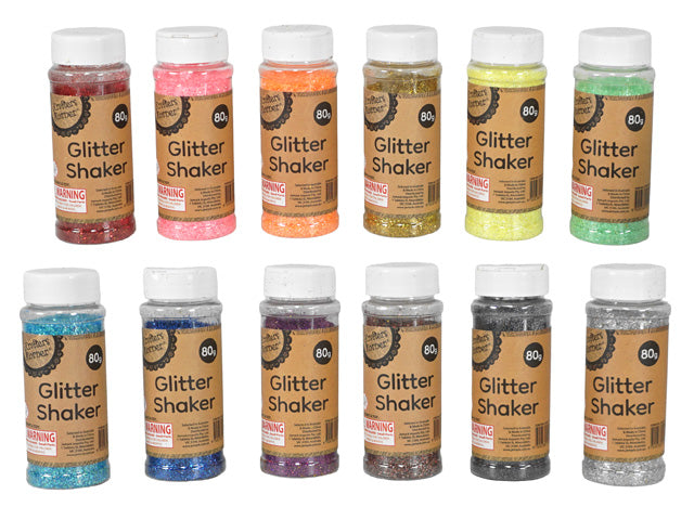 12 plastic bottles with brown kraft paper labels; Various glitter colours including red, pink, orange, gold, yellow, green, blue, purple, silver, black; 80g capacity labelled on each shaker; Clear plastic shaker bottles with white flip-top lids;