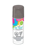 White aerosol can; Silver cap; Colourful swirly design on label; Label text in English and French; Warning symbols on label;