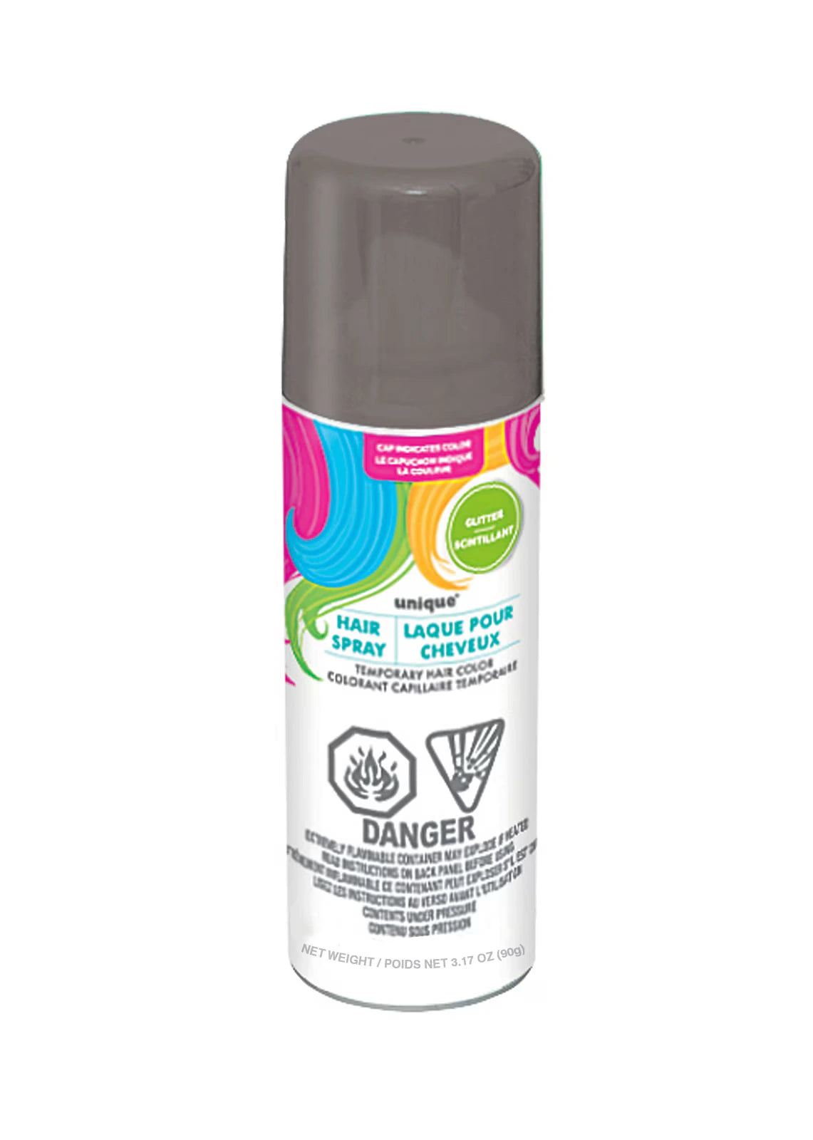 White aerosol can; Silver cap; Colourful swirly design on label; Label text in English and French; Warning symbols on label;