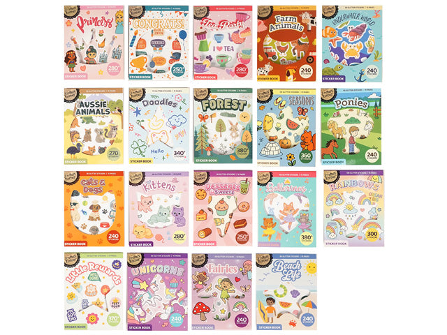 Colourful sticker book cover with glitter accents; 15 pages of stickers; Various themed sticker designs displayed on cover; Bright and playful illustration style;