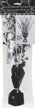 black foil wrapped weight base; silver star-shaped foil sprays; includes colorful holographic sticker sheet; plastic packaging with header card;