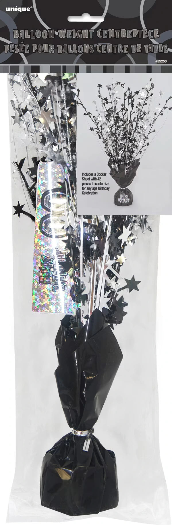 black foil wrapped weight base; silver star-shaped foil sprays; includes colorful holographic sticker sheet; plastic packaging with header card;