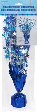 royal blue foil wrapping; blue and silver star-shaped foil accents; includes holographic sticker sheet; balloon weight base wrapped in shiny foil;
