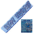 royal blue colour; prismatic shiny finish; large letters spelling 'HAPPY BIRTHDAY'; banner is jointed sections; made of cardboard material;