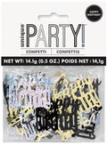 black, silver and gold foil confetti; confetti shaped as "Happy Birthday" text; packaged in clear plastic pouch; white and black header card with "PARTY!" branding;