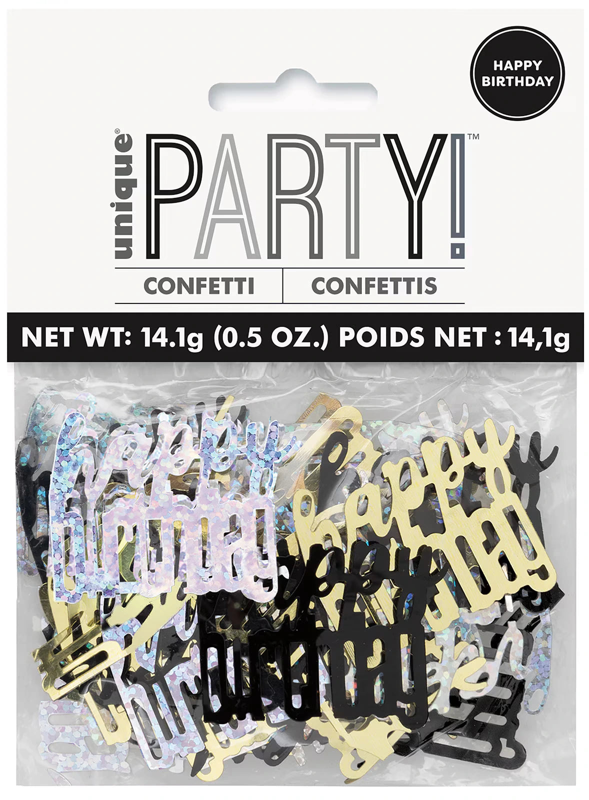 black, silver and gold foil confetti; confetti shaped as "Happy Birthday" text; packaged in clear plastic pouch; white and black header card with "PARTY!" branding;
