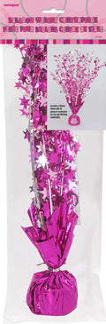 hot pink foil wrapping around weight base; metallic star-shaped foil decorations on wired sprays; attached sticker sheet with various birthday stickers; foil material with glossy, reflective finish;