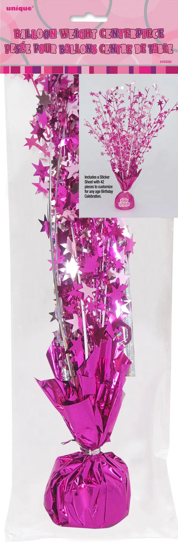 hot pink foil wrapping around weight base; metallic star-shaped foil decorations on wired sprays; attached sticker sheet with various birthday stickers; foil material with glossy, reflective finish;