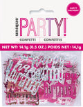 hot pink and silver foil confetti; various 'Happy Birthday' text shapes; 14g (0.5oz) weight marked on packaging; clear plastic bag packaging with header card;