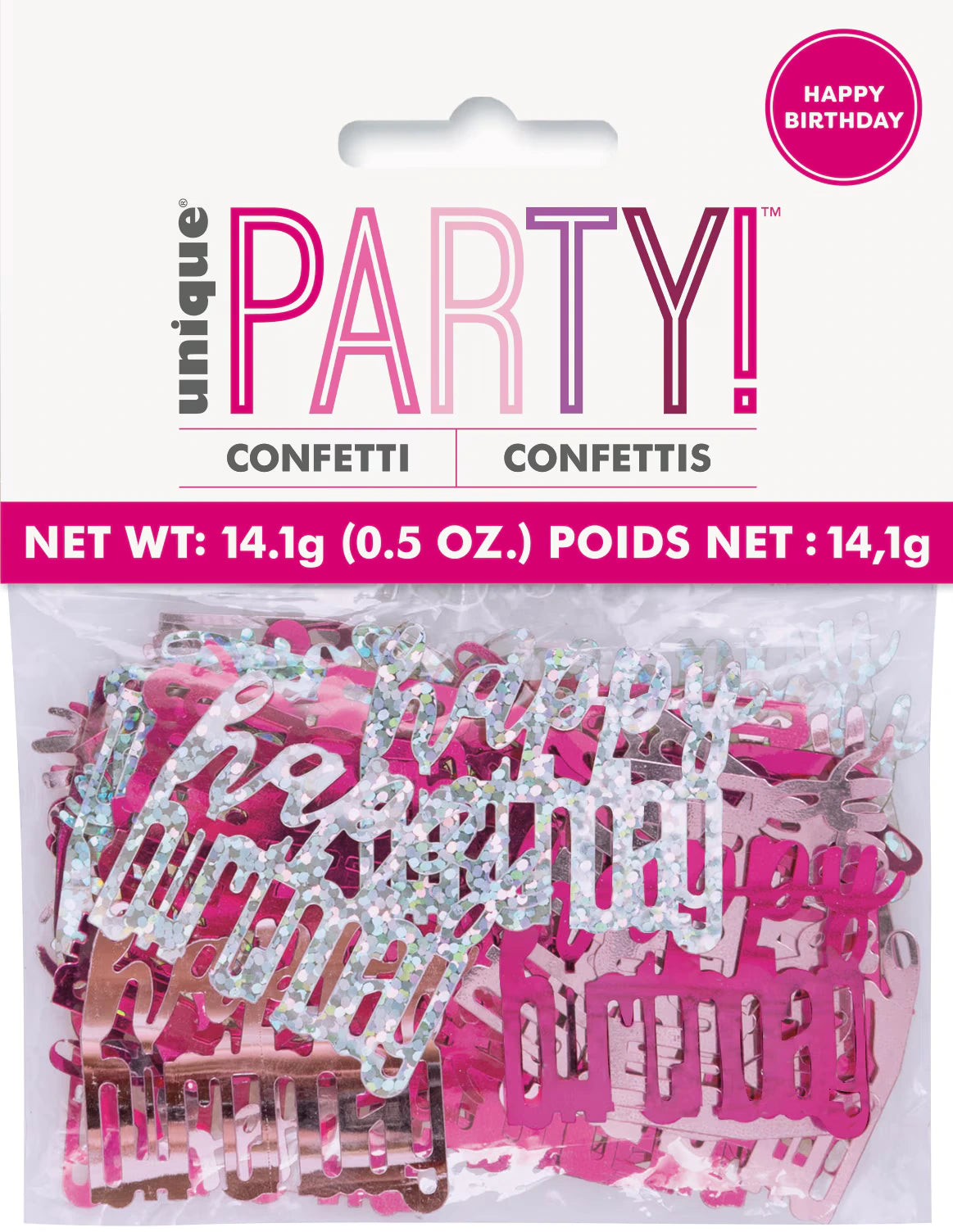 hot pink and silver foil confetti; various 'Happy Birthday' text shapes; 14g (0.5oz) weight marked on packaging; clear plastic bag packaging with header card;