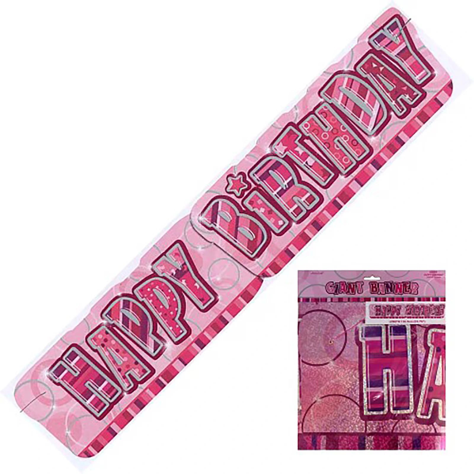Hot pink colour; Prismatic shiny surface; Jointed lettered banner; Cardboard material; Measures approximately 1.36 metres;