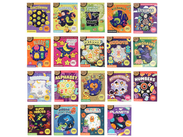 Colourful sticker book cover with playful themes; Text on cover indicates 15 sticker pages; Featured glow in the dark design highlights; Various sticker themes visible on covers; Bright, engaging cartoon style illustrations;