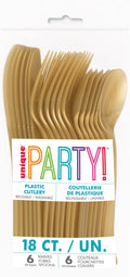 gold coloured plastic cutlery; 18 pieces total; includes knives, forks, and spoons; packaged with clear plastic wrap and label; solid colour finish;