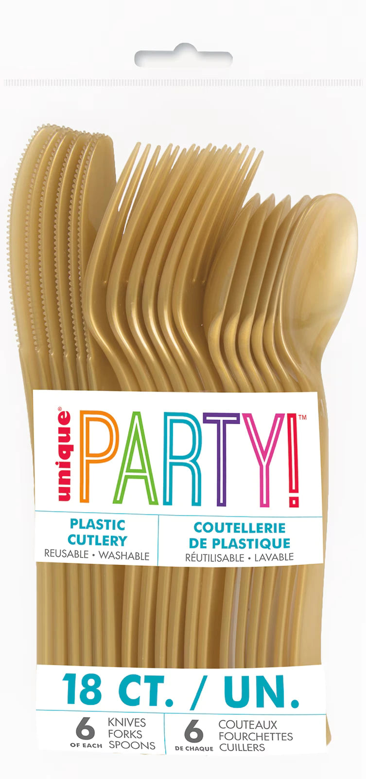 gold coloured plastic cutlery; 18 pieces total; includes knives, forks, and spoons; packaged with clear plastic wrap and label; solid colour finish;