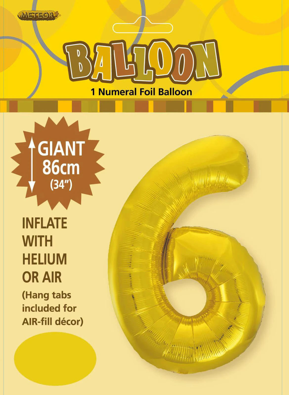 Gold colour; Number 6 shaped balloon; Foil material; 86cm (34 inch) size; Packaging with yellow and brown design;