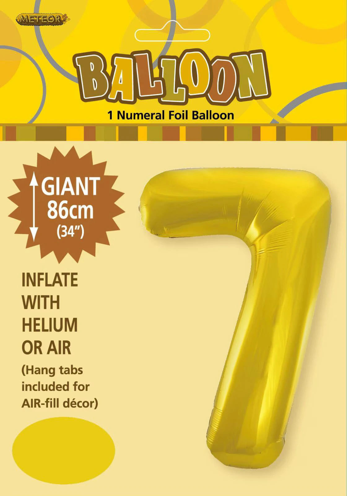 gold colour; foil material; number 7 shape; large size 86cm (34 inch); packaged with yellow background;