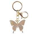 gold-coloured metal butterfly shape; crystals embedded on butterfly wings; includes split ring and lobster clasp; compact size keyring accessory;