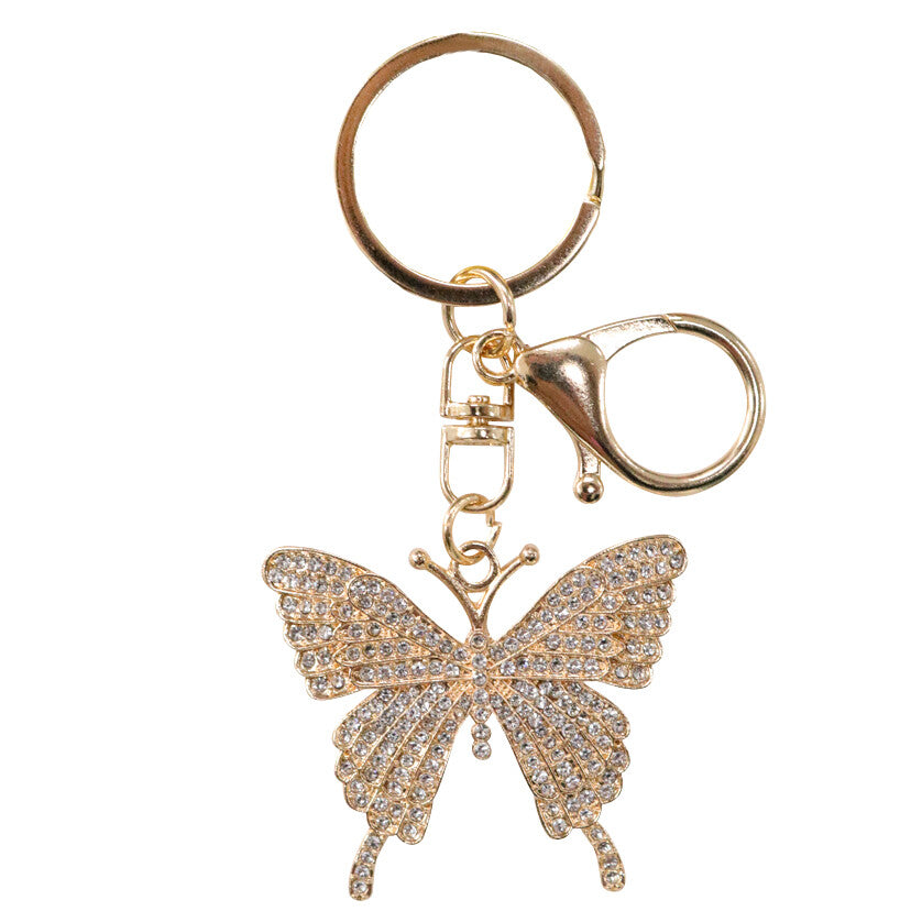 gold-coloured metal butterfly shape; crystals embedded on butterfly wings; includes split ring and lobster clasp; compact size keyring accessory;